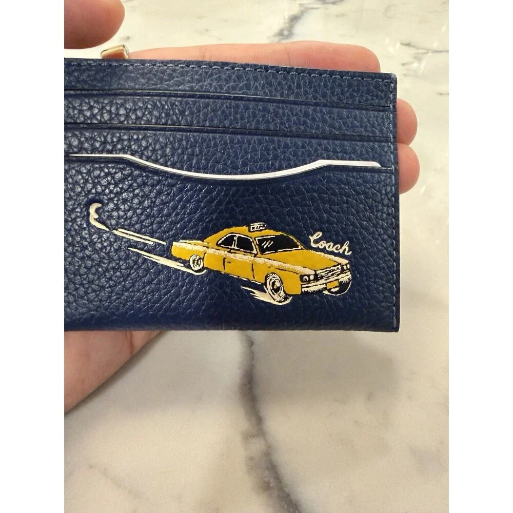 Coach Men’s Navy Leather Card Holder Wallet Taxi Cab Graphic Rare New